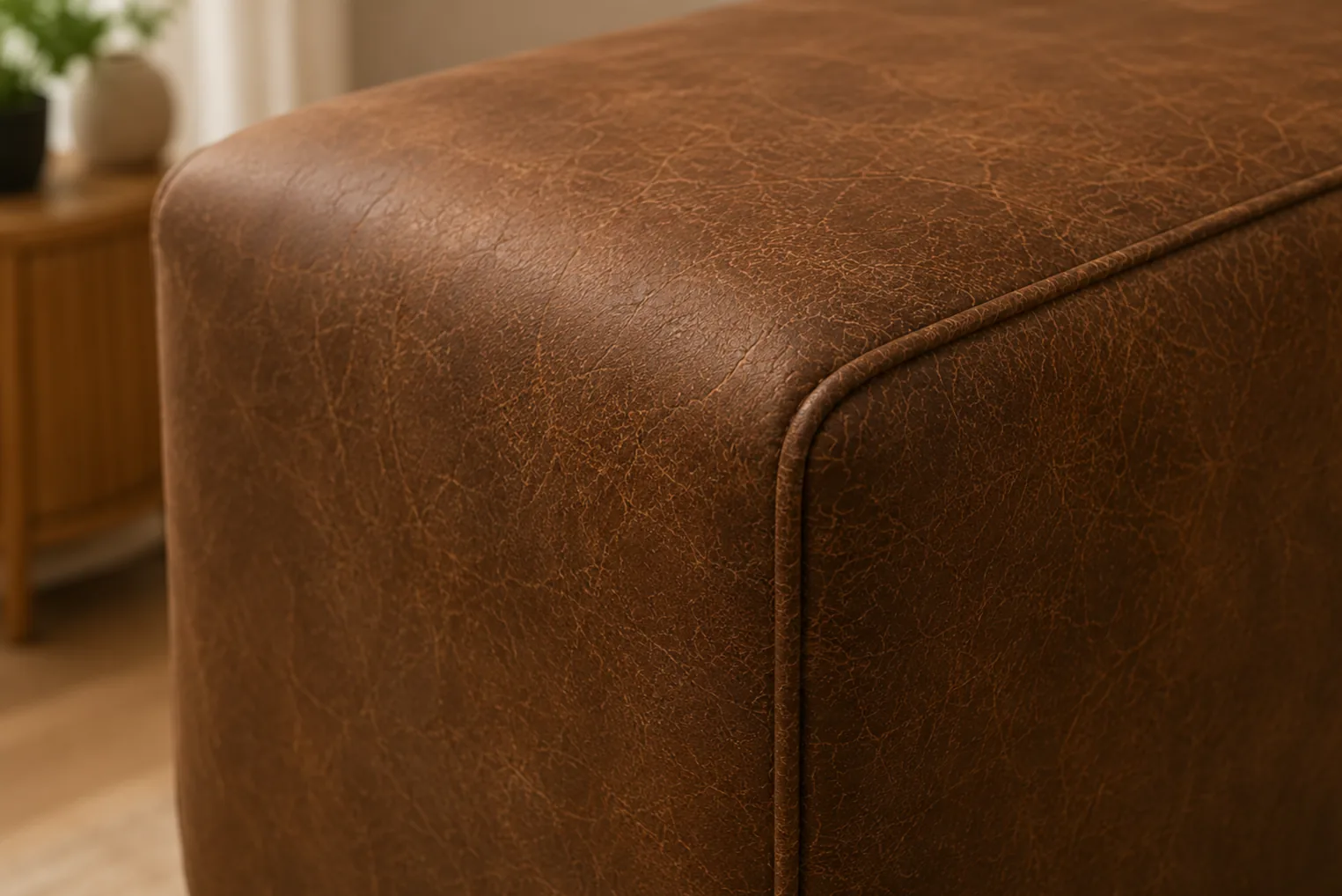 The rounded corner of a nubuck cushion, where handling creates small localized changes in texture