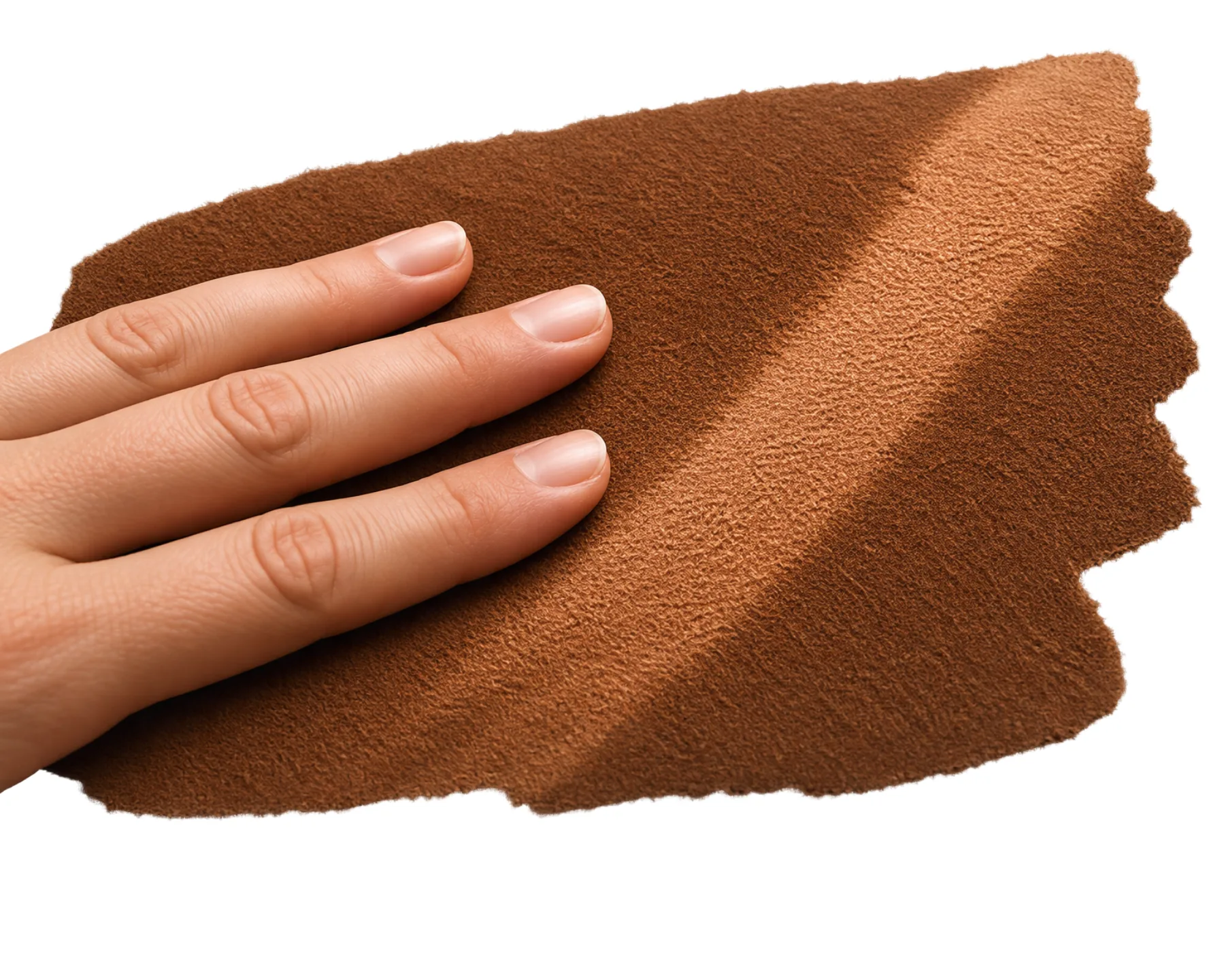 A hand pressed into a nubuck swatch, the fingers leaving a smoother, lighter track in the nap