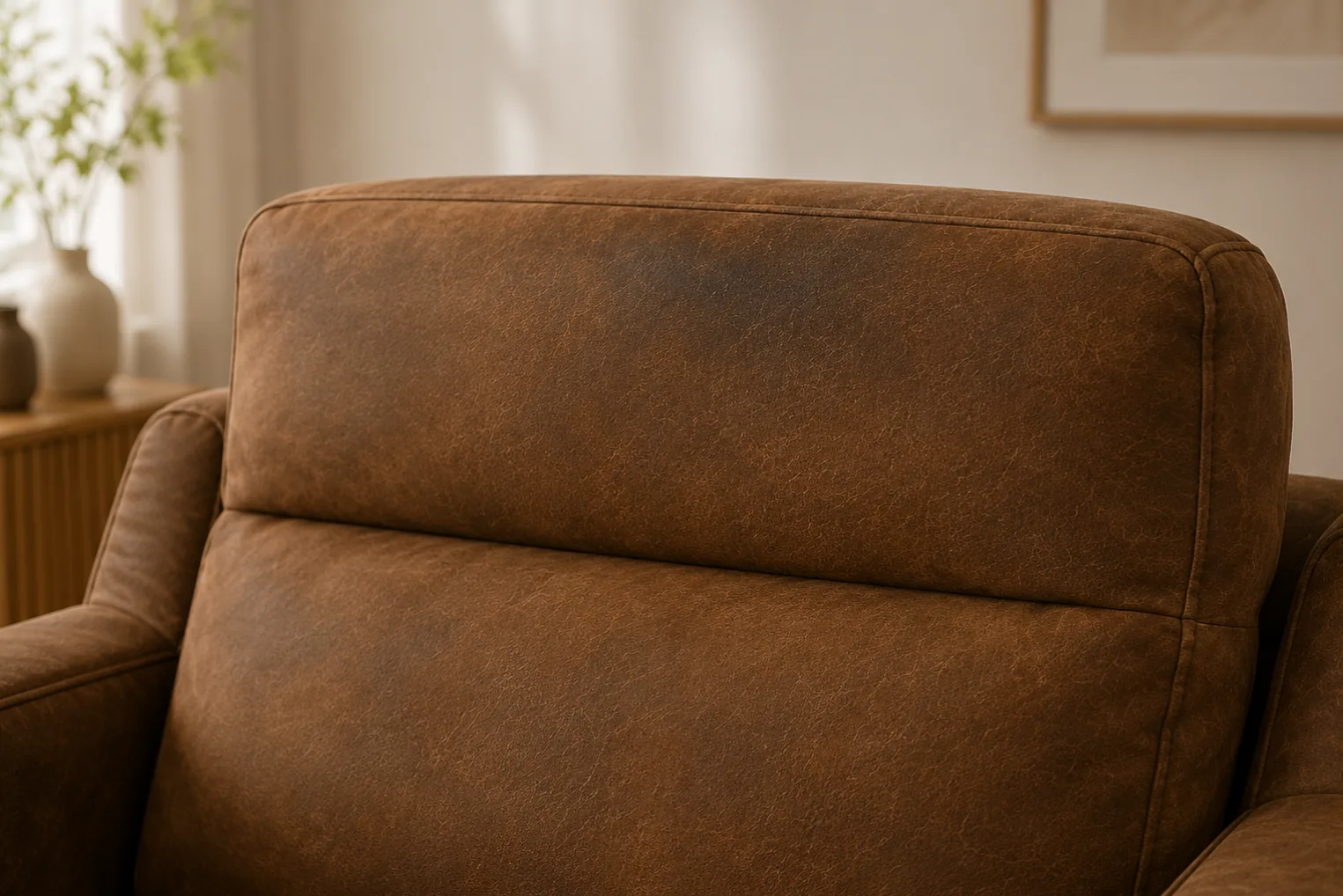 The headrest of a nubuck sofa, where repeated hair and skin contact darkens the nap