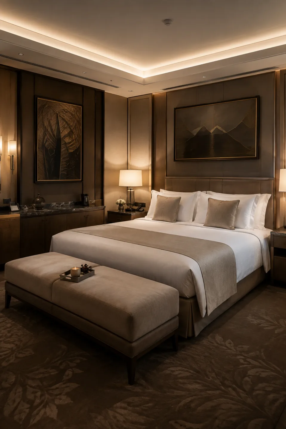 A nubuck bench at the foot of a bed in a premium hotel suite