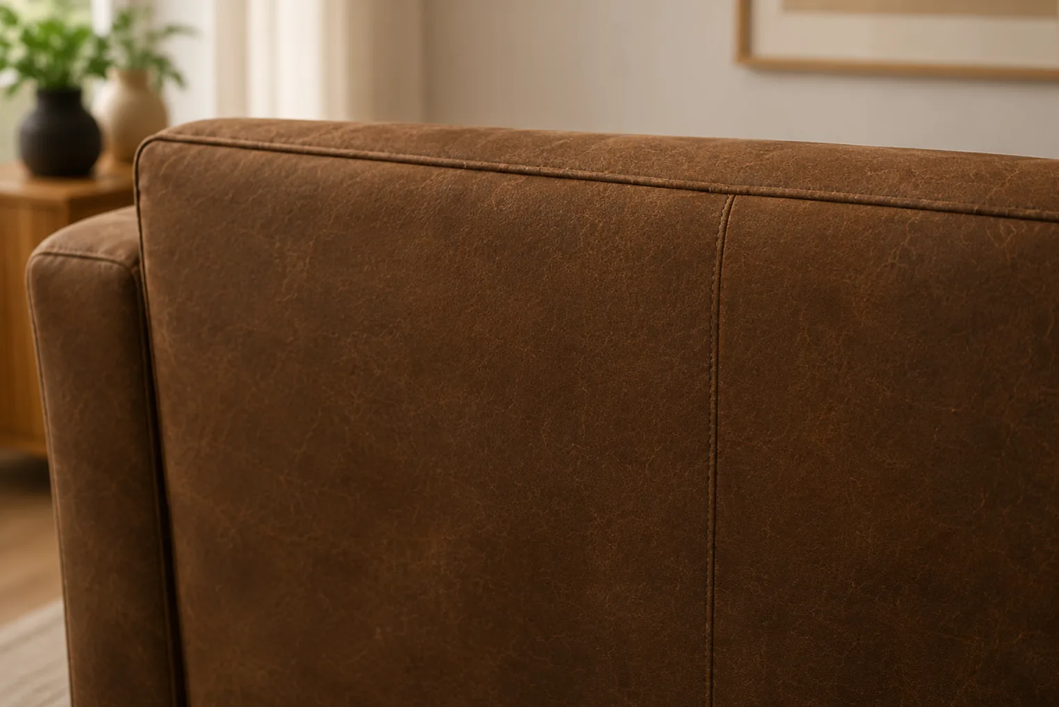 The outside back panel of a nubuck sofa, a low-contact area that retains the original nap longest