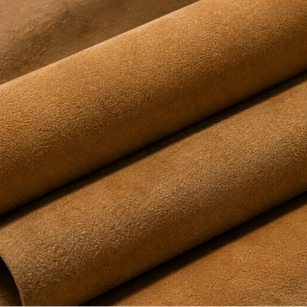 Several rolled nubuck hides stacked together for a single large project