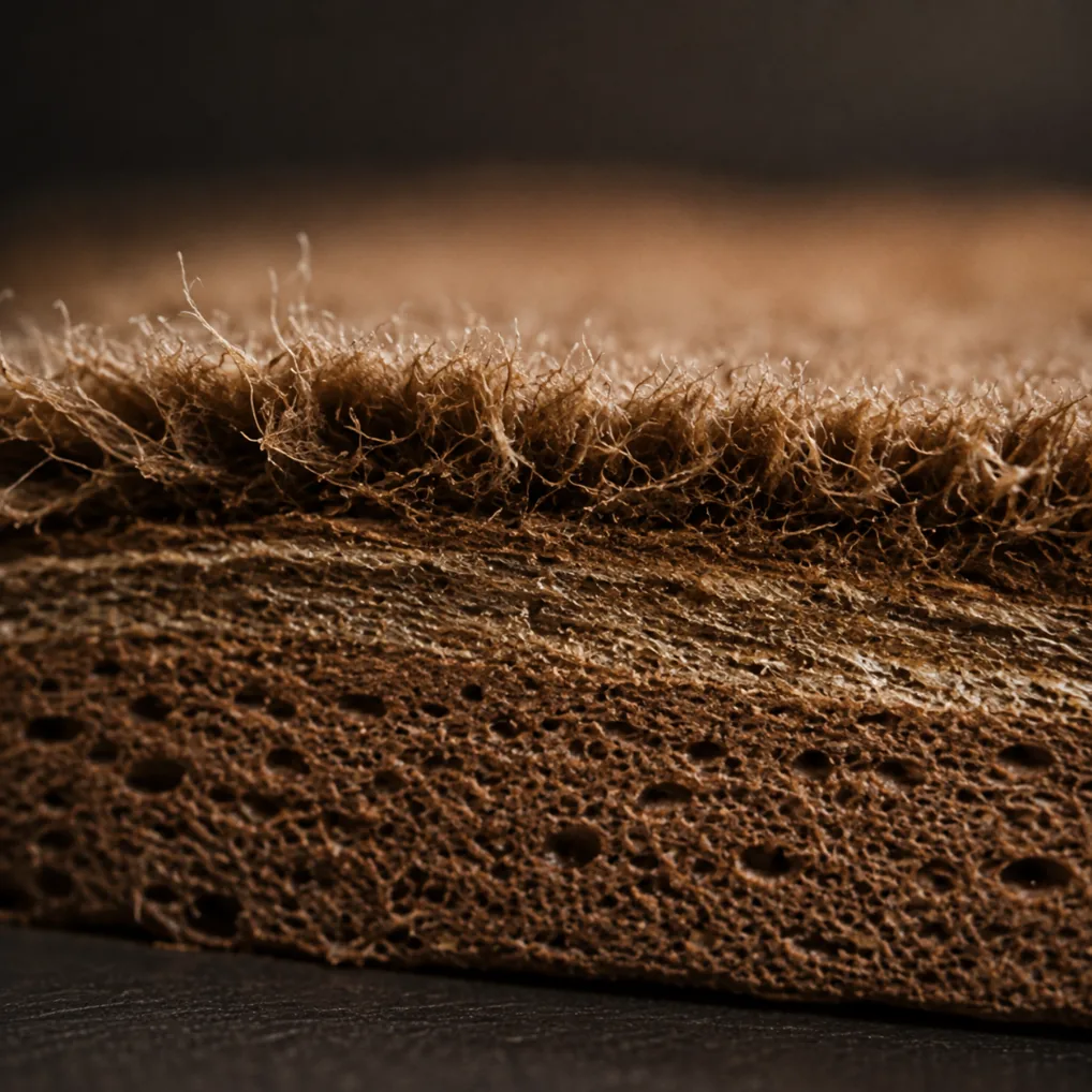 Macro cross-section of nubuck leather showing the fine raised fiber nap sitting on top of the grain layer, with the open corium fiber structure underneath.