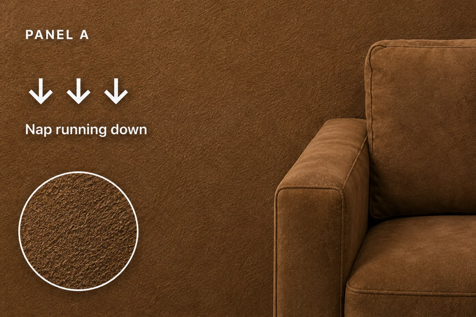 Panel A &mdash; a nubuck sofa panel with the nap running downward, reading as the darker of the two tones