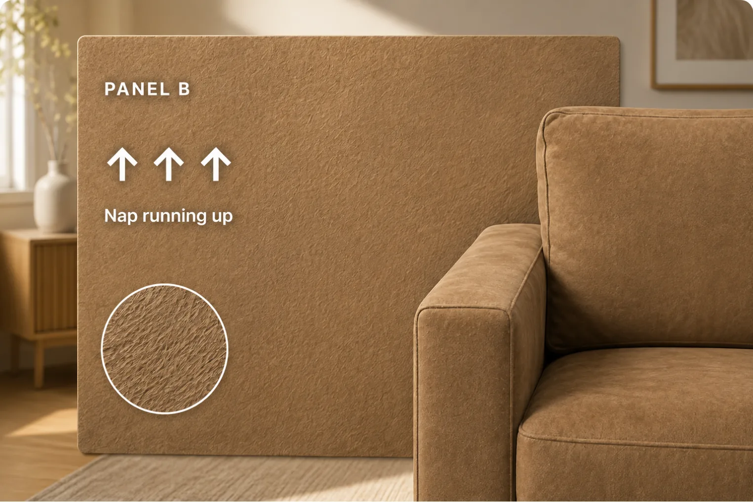 Panel B &mdash; the same nubuck cut with the nap running upward, reading noticeably lighter