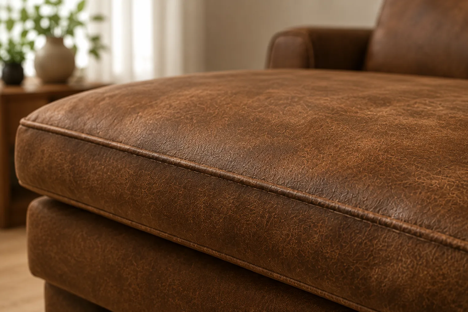 The front edge of a nubuck seat cushion, where entry and exit creates friction along one narrow line