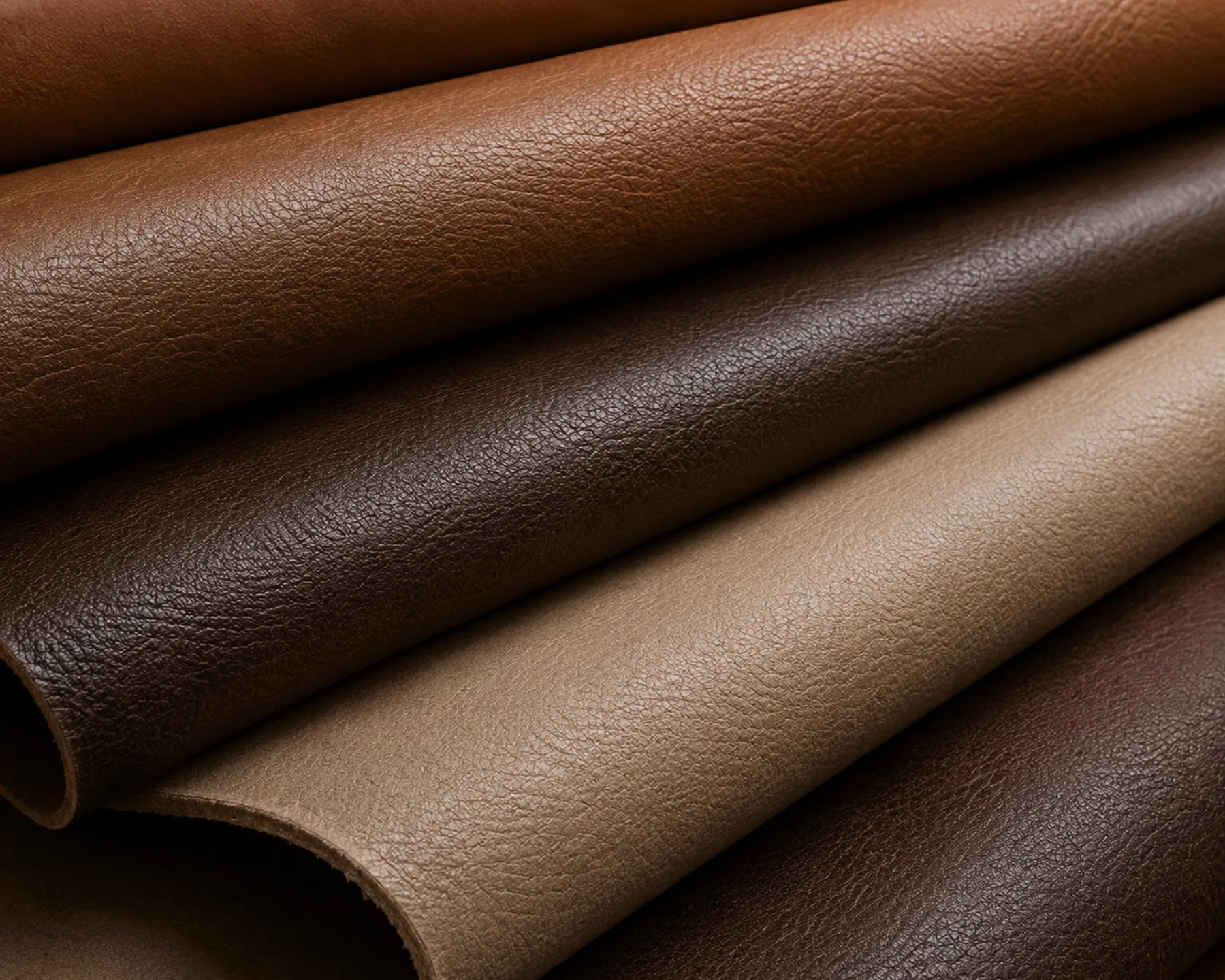 Several rolled nubuck hides in different natural tones, showing how grain and color vary between them