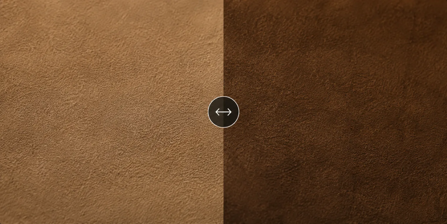 One panel of nubuck leather shown twice: brushed to the left it appears lighter, brushed to the right it appears darker. The leather and its color are identical in both.