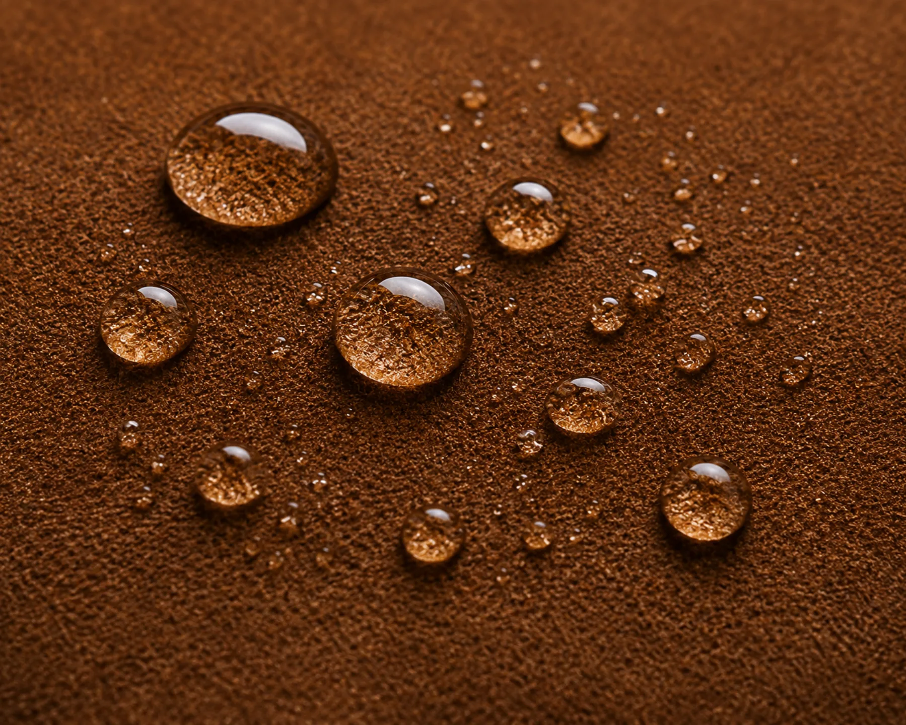 Water droplets beading on the open surface of nubuck leather before they are absorbed