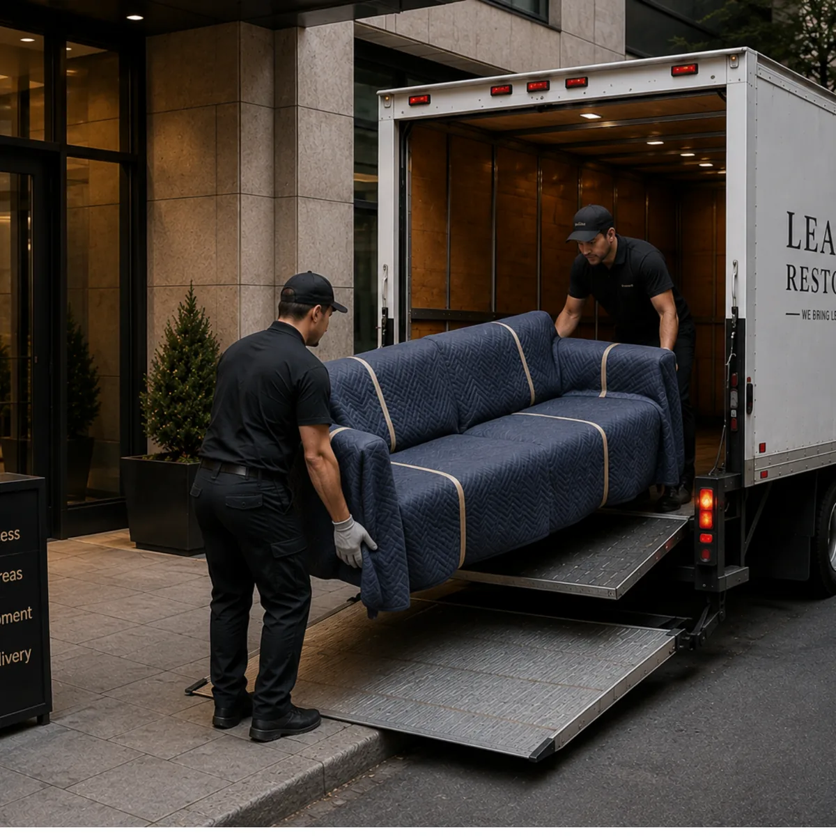 Crew loading a commercial sofa into a Leather Restore Pro truck on a New York street