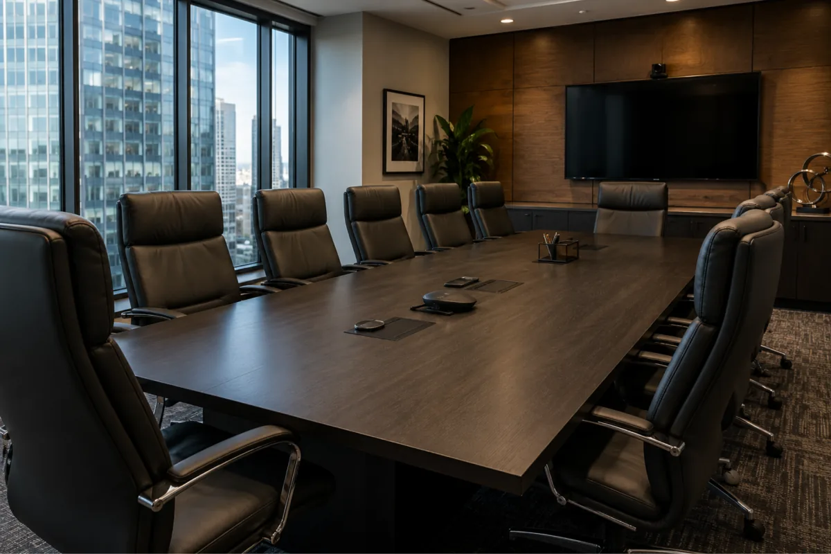 Leather executive chairs around a boardroom table with a city view