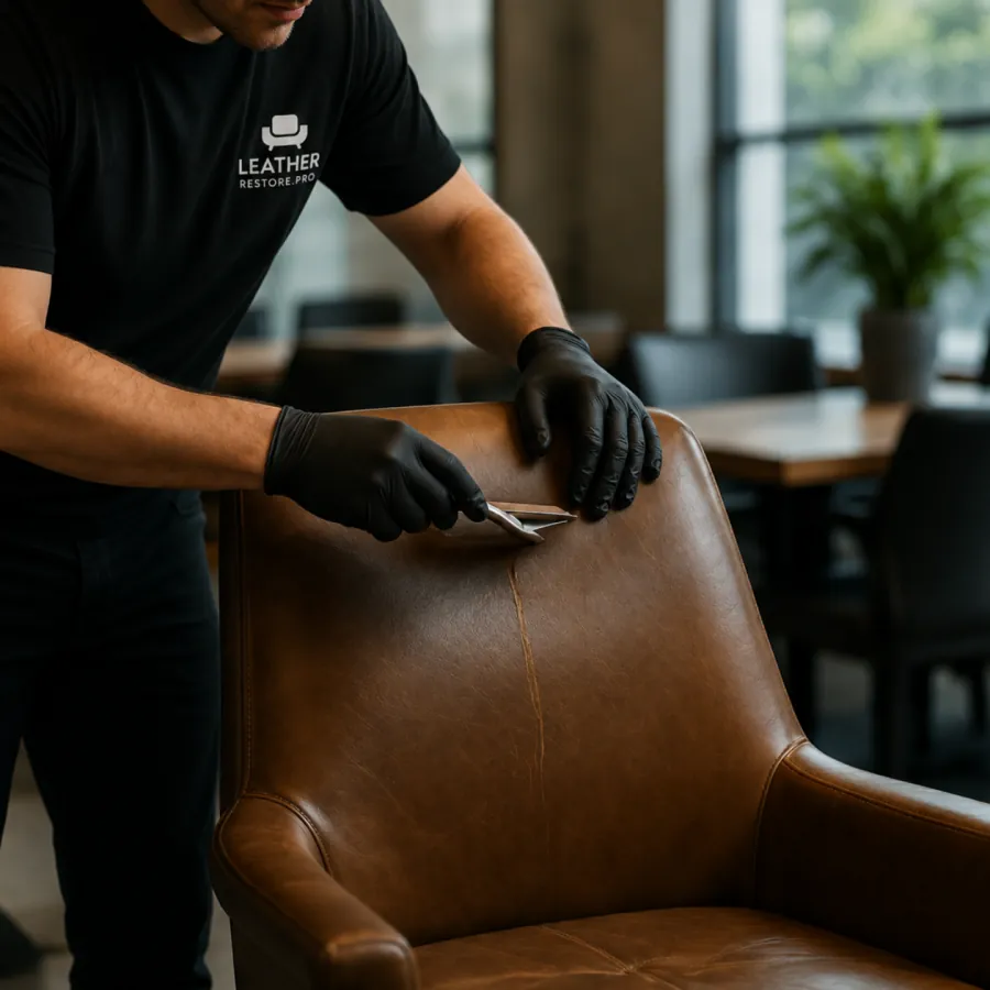 Leather Restore Pro technician repairing a brown leather chair in place at a commercial workspace