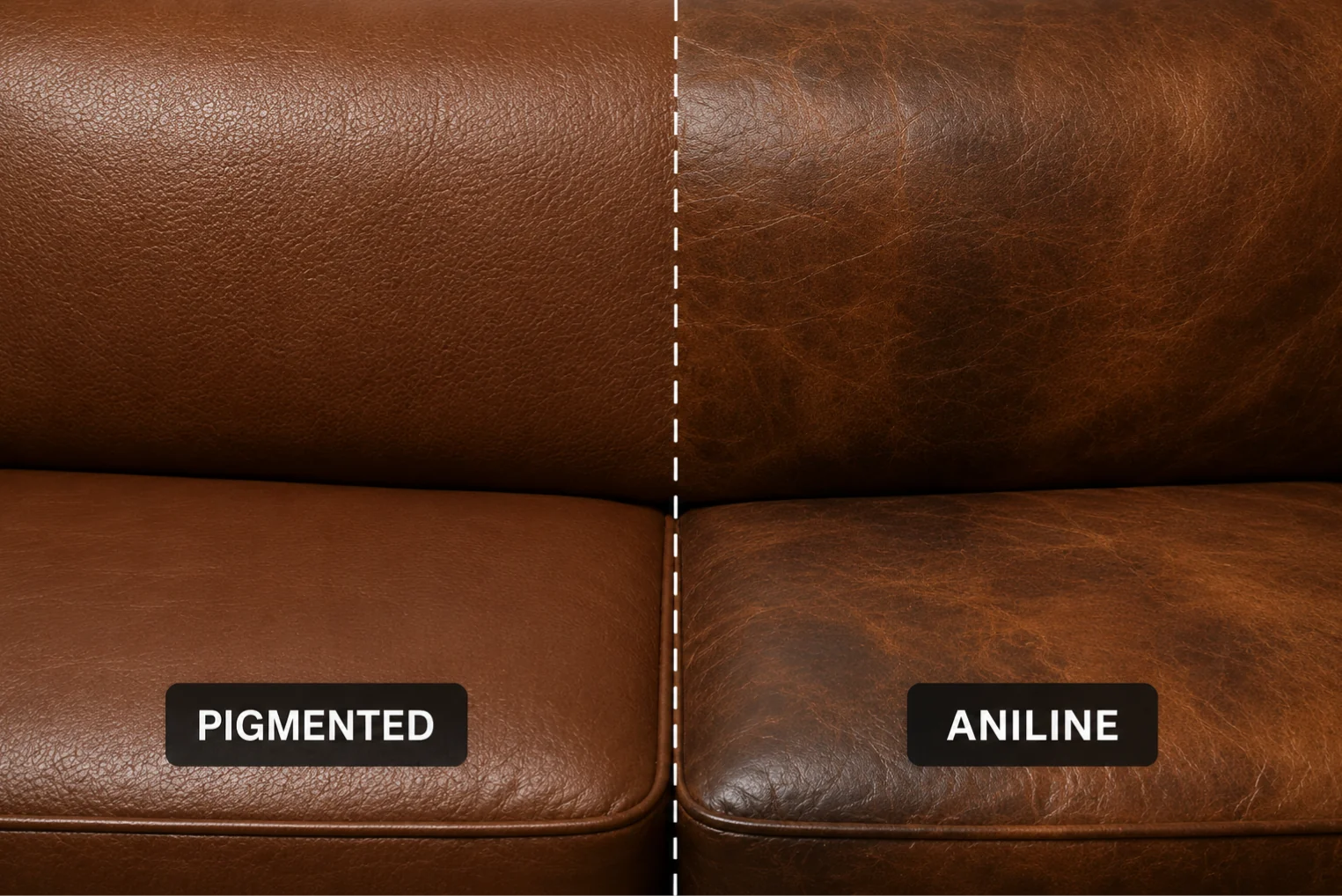 A sofa split down the middle, the left half in pigmented leather and the right half in aniline leather, each side labelled
