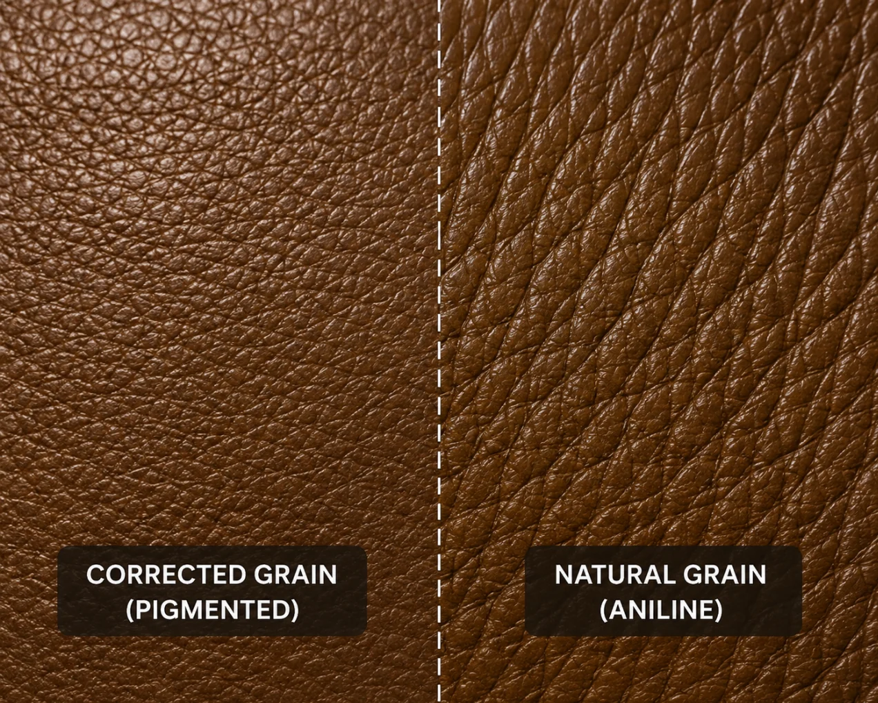 Macro comparison of leather grain, corrected embossed grain on the left and natural aniline grain on the right