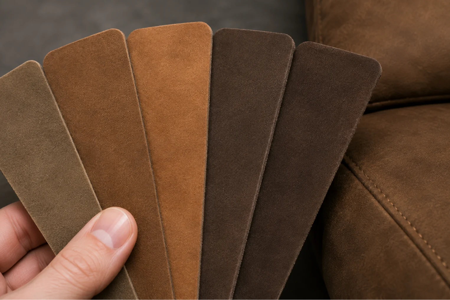 A hand fanning five leather color swatches in different browns against an existing sofa to check the match