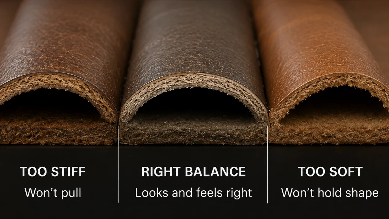 Three folded leather hides in cross-section labelled too stiff, right balance and too soft, showing hide temper