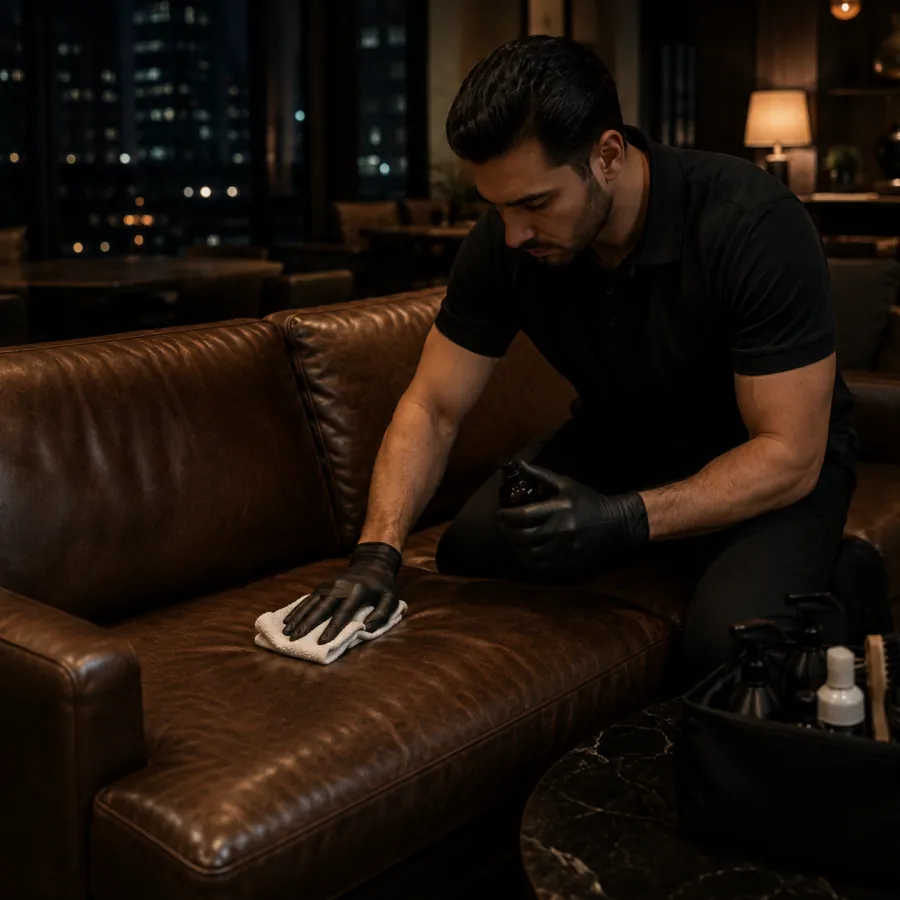 Technician working on a leather sofa in a hotel lobby at night during overnight service