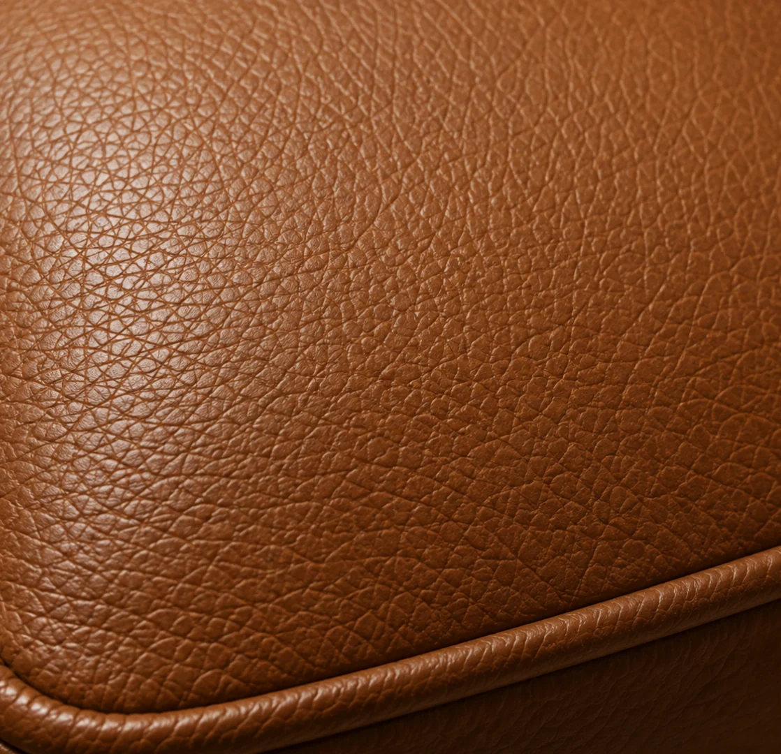 Close-up of intact pigmented leather with an unbroken even topcoat and no surface cracking