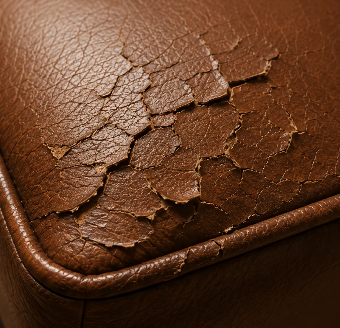 Close-up of a pigmented leather topcoat lifting away at the edge of a crack, exposing the layer beneath