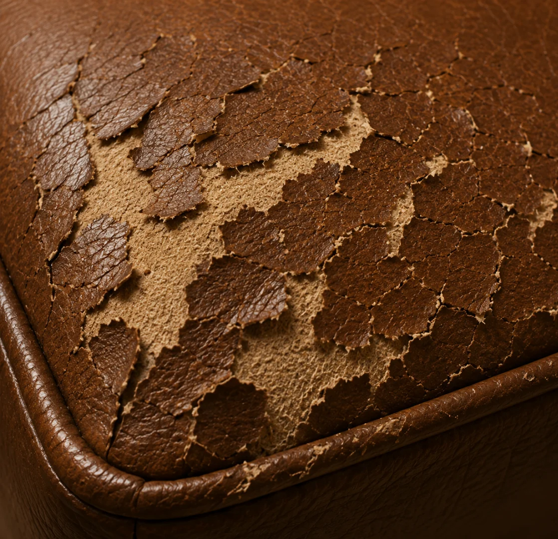 Close-up of pigmented leather with the topcoat flaking away in sheets, leaving bare patches of a different color