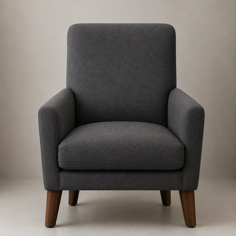 The same armchair covered in a charcoal performance weave