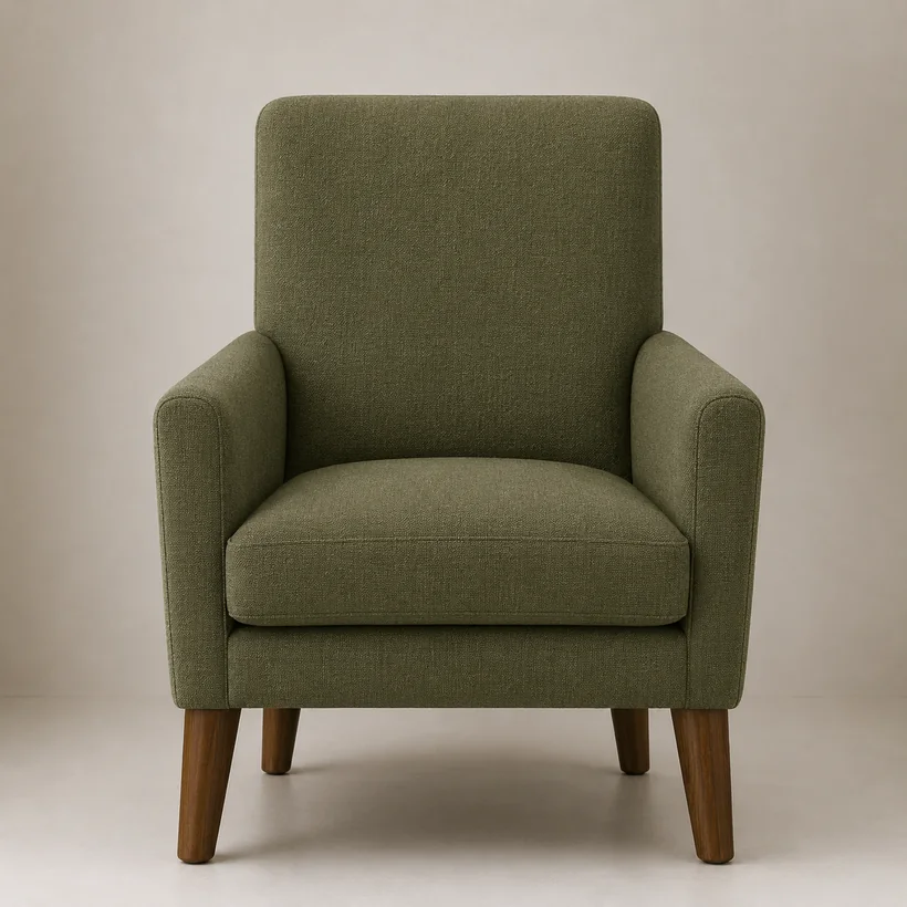 The same armchair covered in an olive textured performance fabric