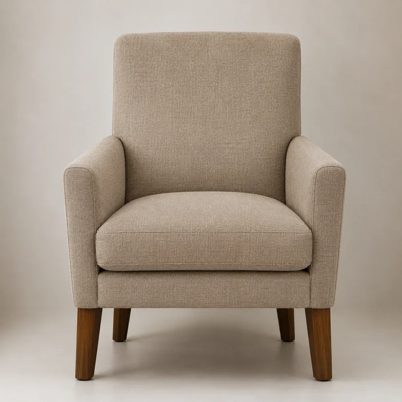 The same armchair covered in a taupe performance weave