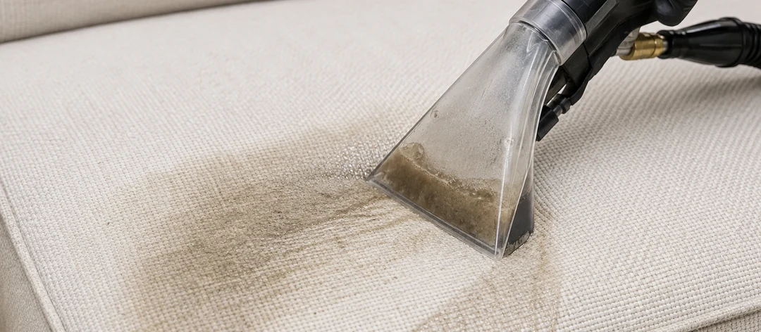 Hot-water extraction on a pale performance fabric cushion, lifting soiling out of the weave