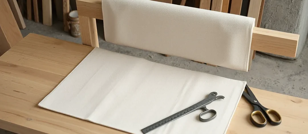 A cut length of performance fabric on the bench beside a rebuilt seat back, with shears and a rule