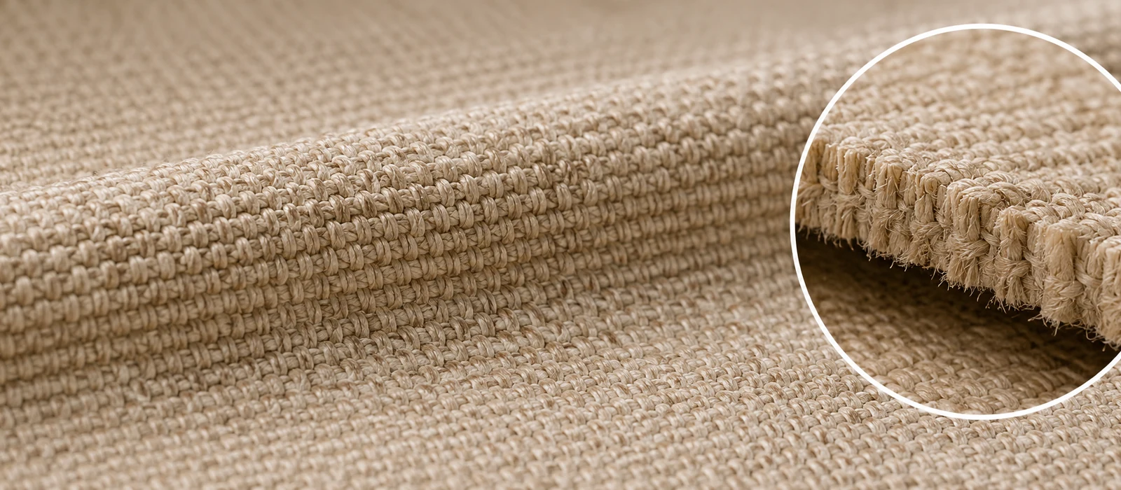 Solution-dyed performance fabric in oatmeal, magnified on the cut edge where the yarn shows the same colour all the way through