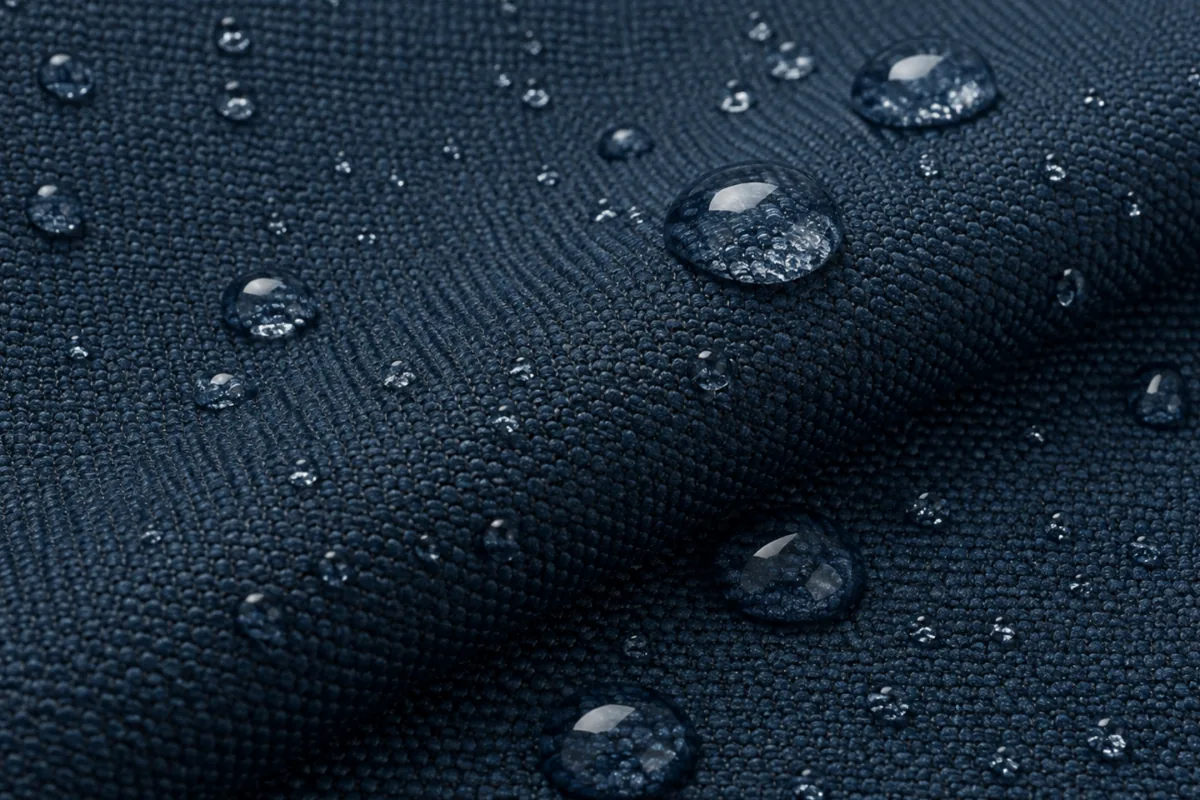 Performance fabric swatch with water beading on a stain-resistant surface