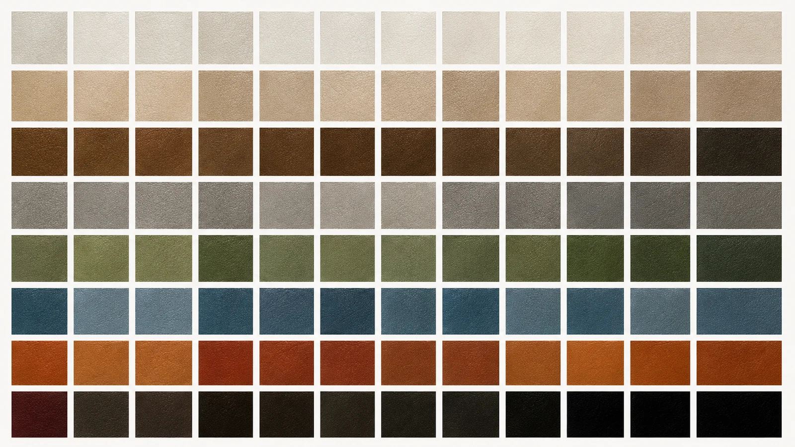 Performance fabric upholstery colour range in eight families: whites and creams, beige and taupe, browns, greys, greens, blues, warm colours and darks