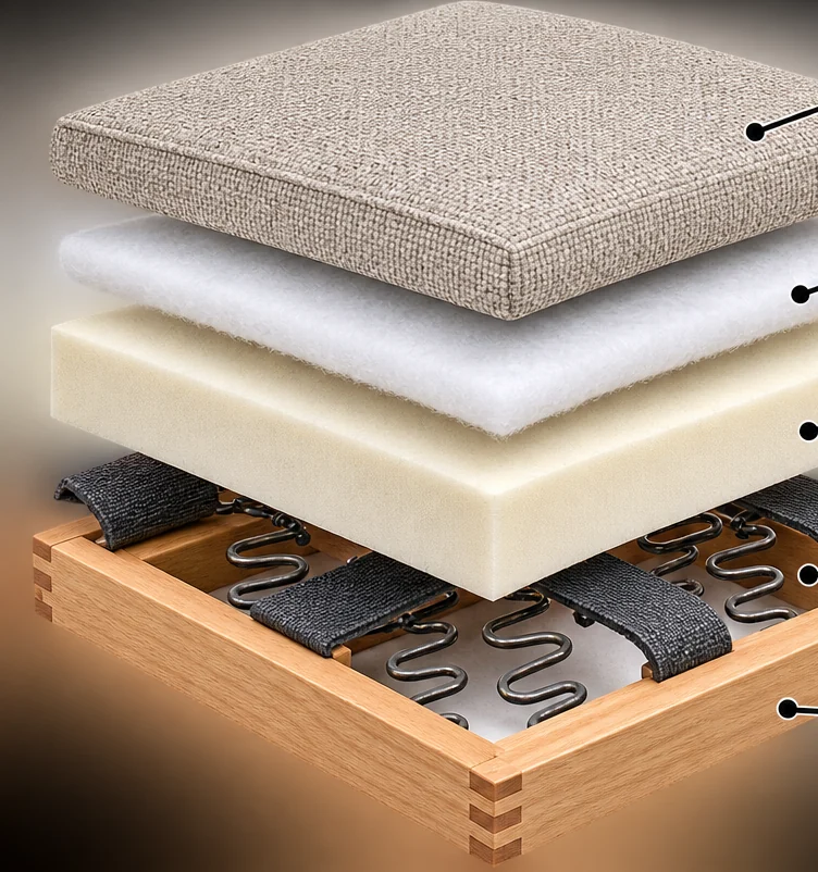 Exploded view of an upholstered seat build: cover, wrap, foam core and the webbed frame beneath