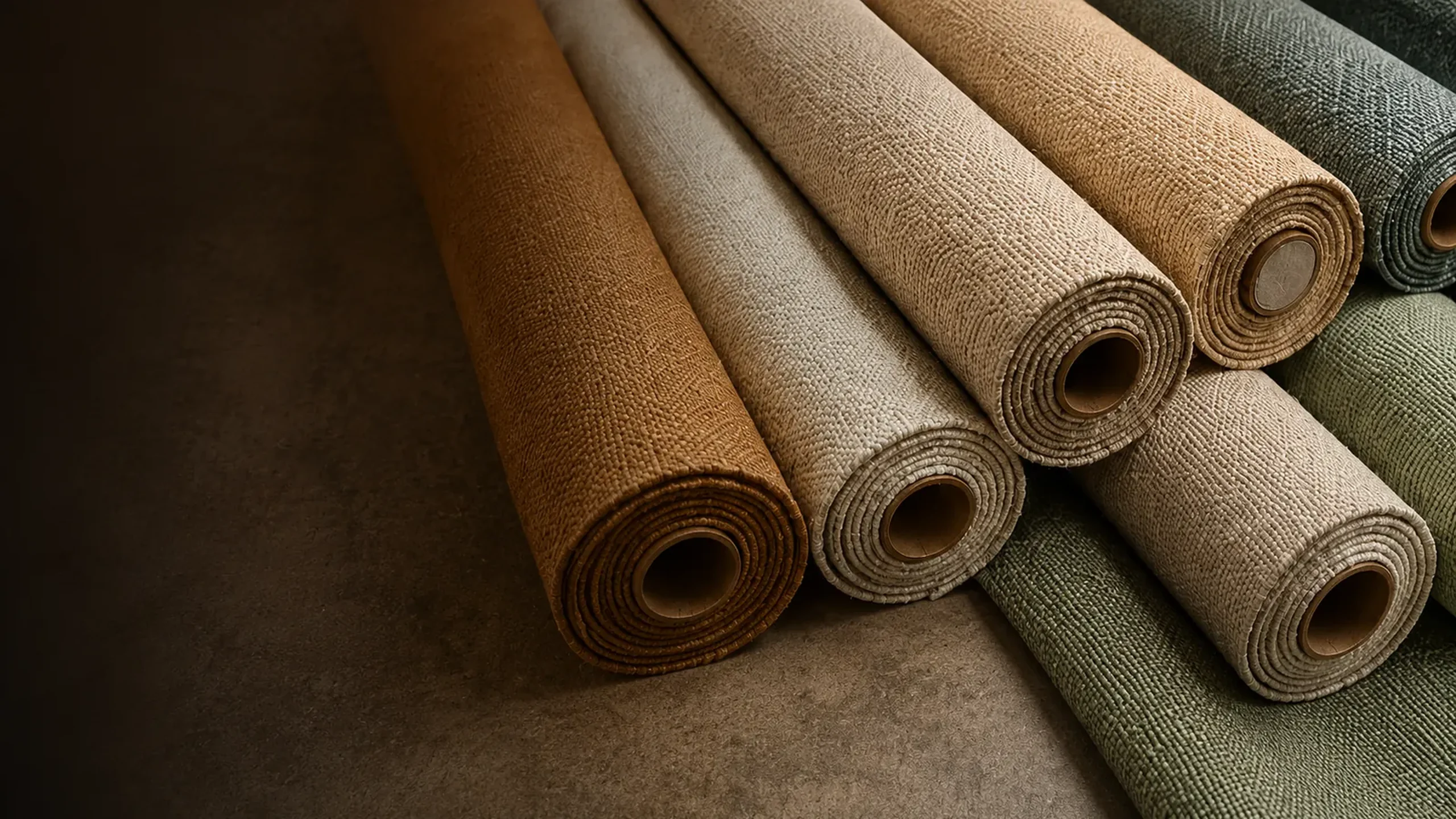Performance fabric upholstery bolts in linen, weave and bouclé textures stacked on a workshop floor