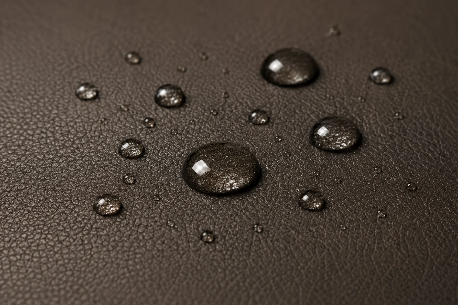 Water beading on the surface of dark brown pigmented leather, the drops sitting on top of the finish instead of soaking in