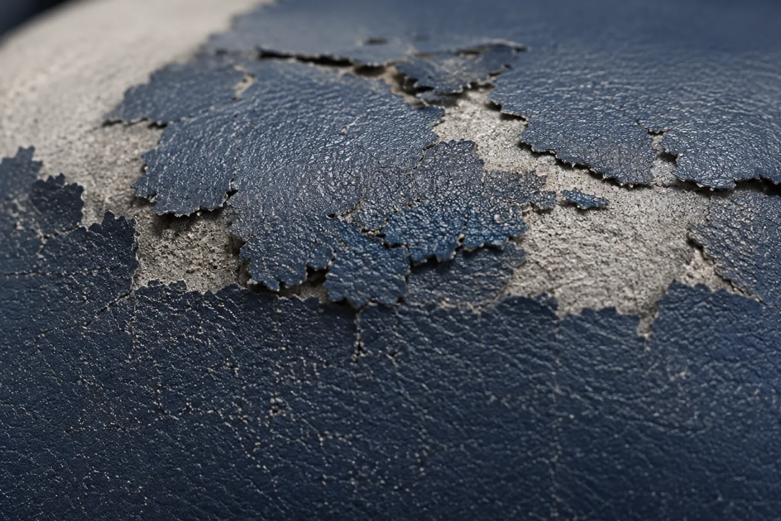 Navy PU faux leather flaking and peeling away from its backing in sheets