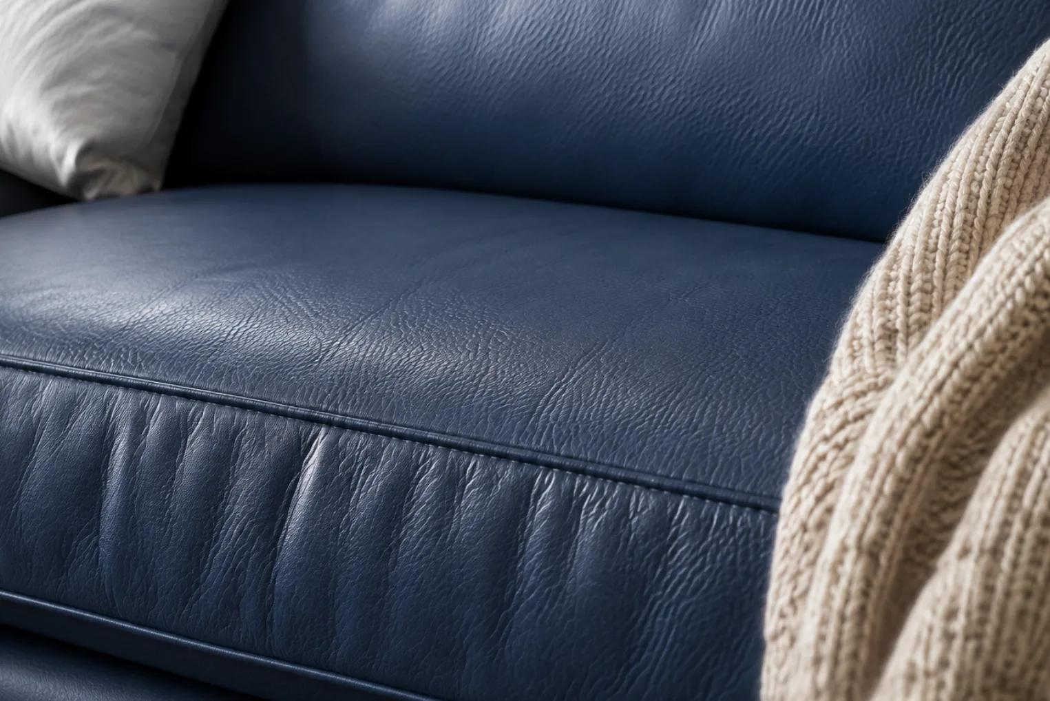 A navy PU faux leather sofa cushion beside a knitted throw, showing the softer cloth-like hand