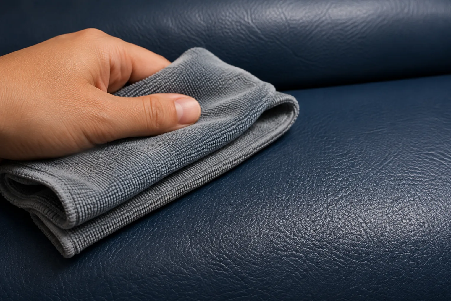 A hand wiping a navy PU faux leather seat with a grey microfibre cloth