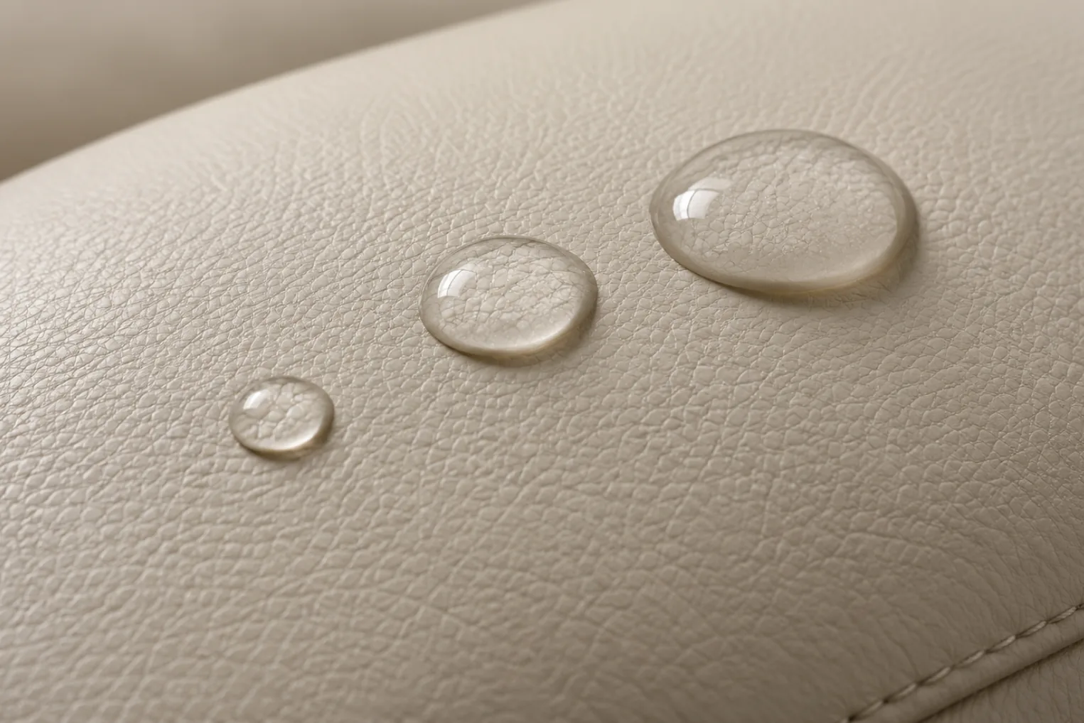 Three water droplets beading on a cream PVC vinyl seat instead of soaking in