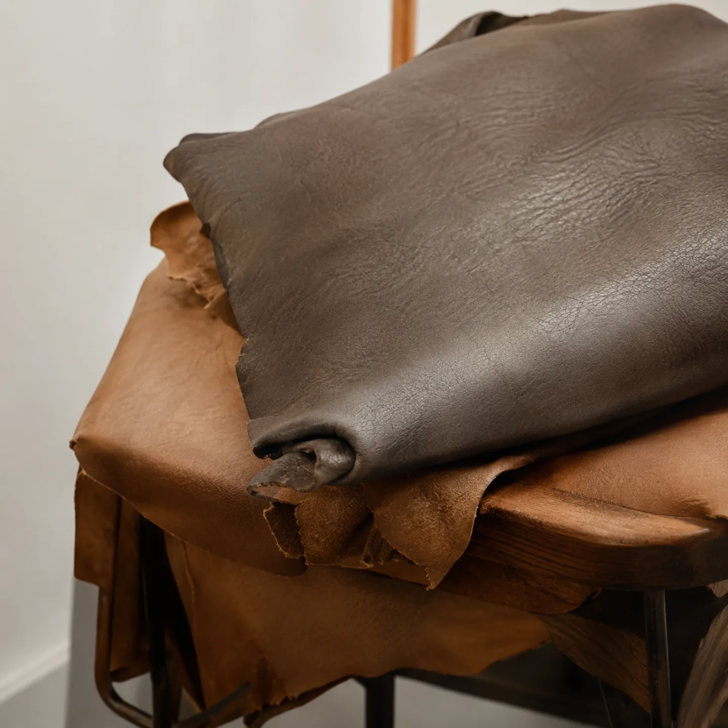 Folded natural leather hides