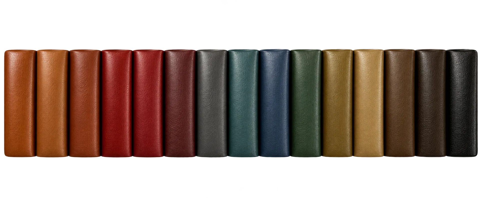 Row of upholstery colour rolls from tan and red through green, navy and black