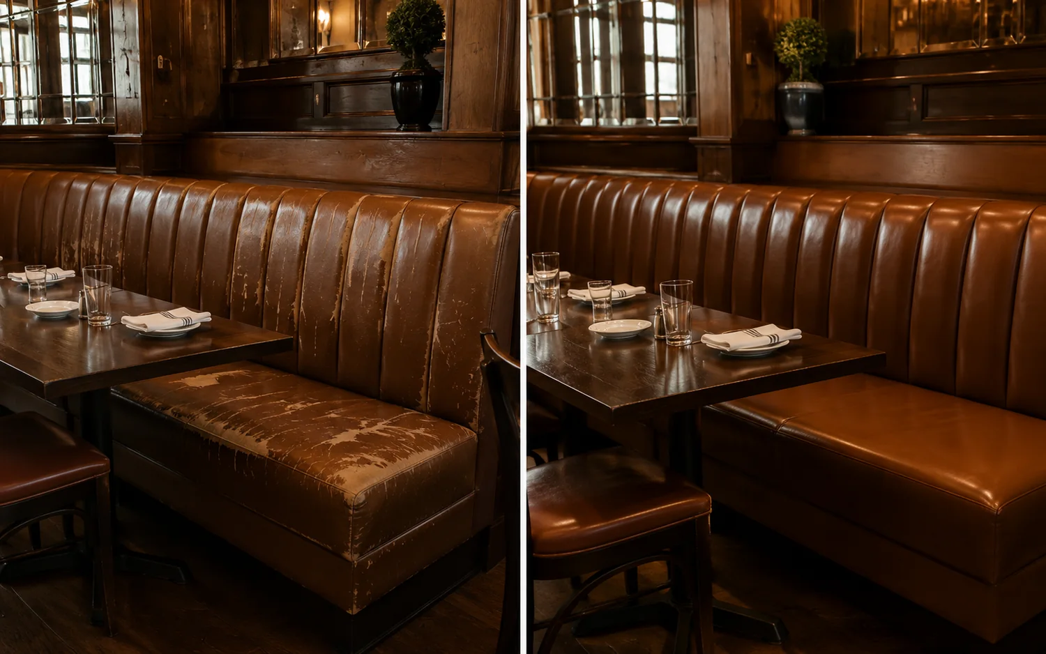 Restaurant banquette run and bench seat before and after reupholstery, scuffed brown leather recovered in tan