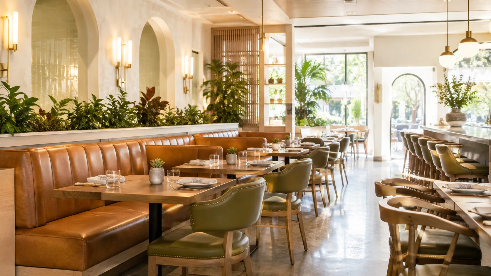 A restaurant dining room with tan leather banquette seating along the wall