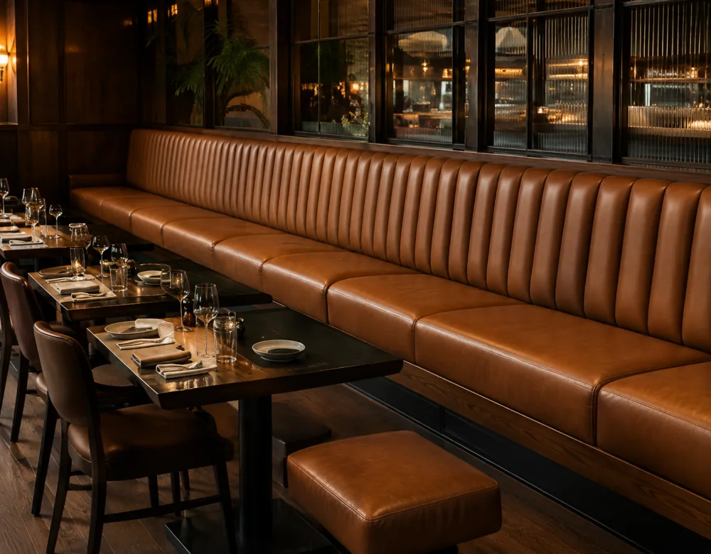 Tan channel-fluted wall banquette run in a restaurant, repaired end to end without recovering the run