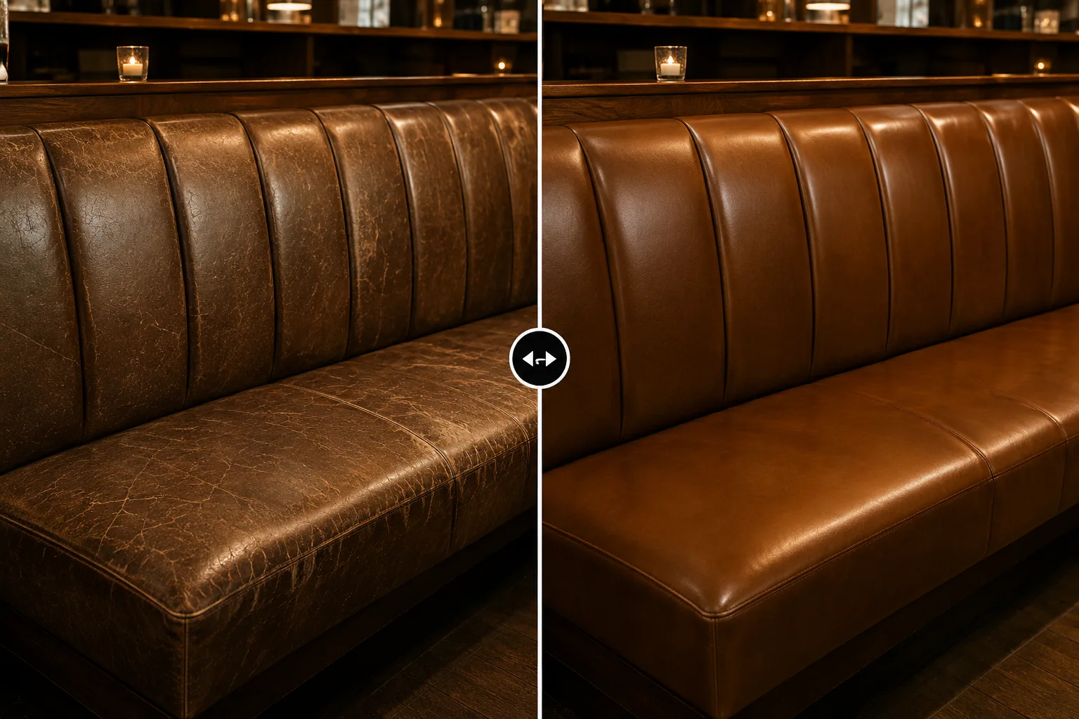 Channel-tufted brown leather banquette before and after bar furniture restoration NYC, cracking along the rolls replaced by even color