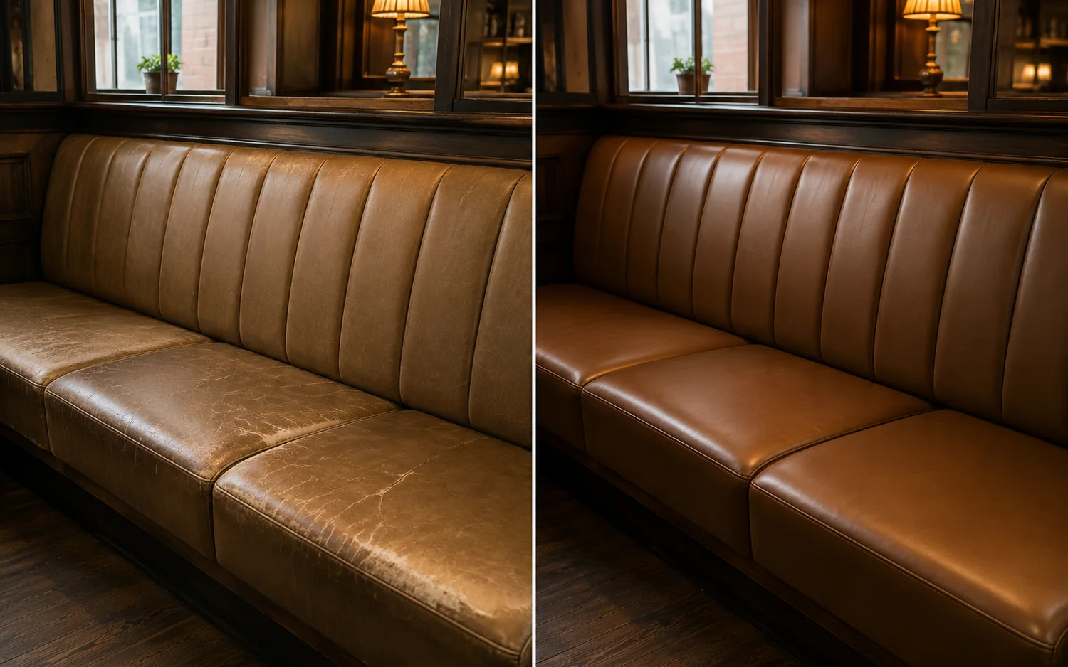 Restaurant bench run before and after reupholstery, faded worn leather recovered in tan