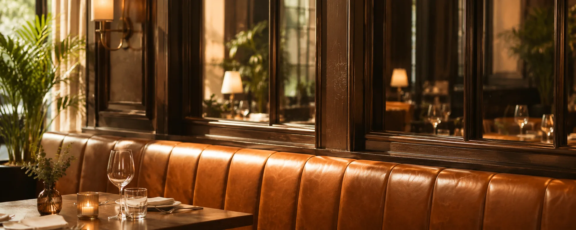 Tan leather channel-back banquette run beside a mirrored restaurant wall in evening light