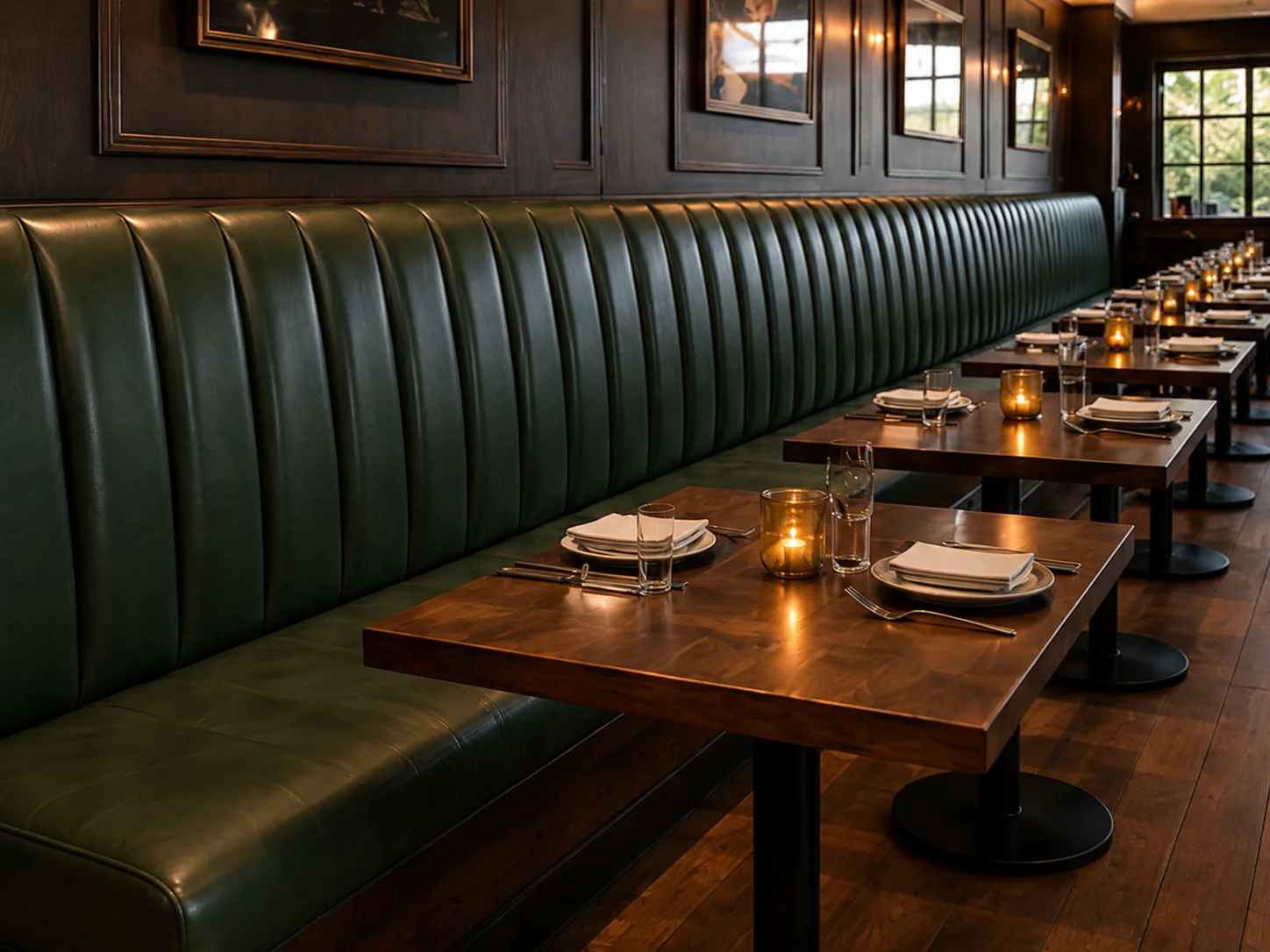 Green channel-tufted banquette run along a restaurant wall, recovered in place bay by bay
