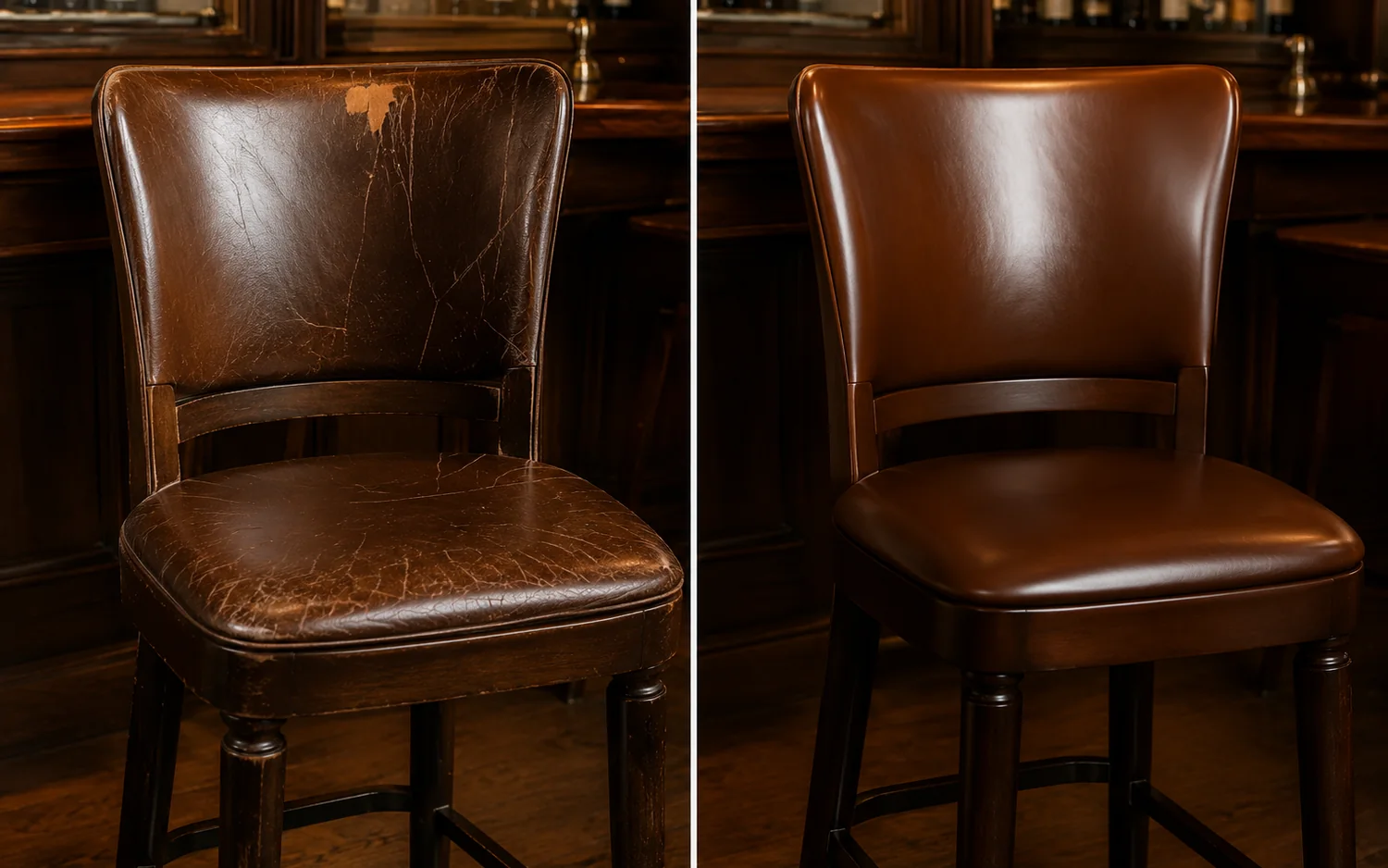 Restaurant bar stool before and after reupholstery, crazed brown leather seat and back recovered