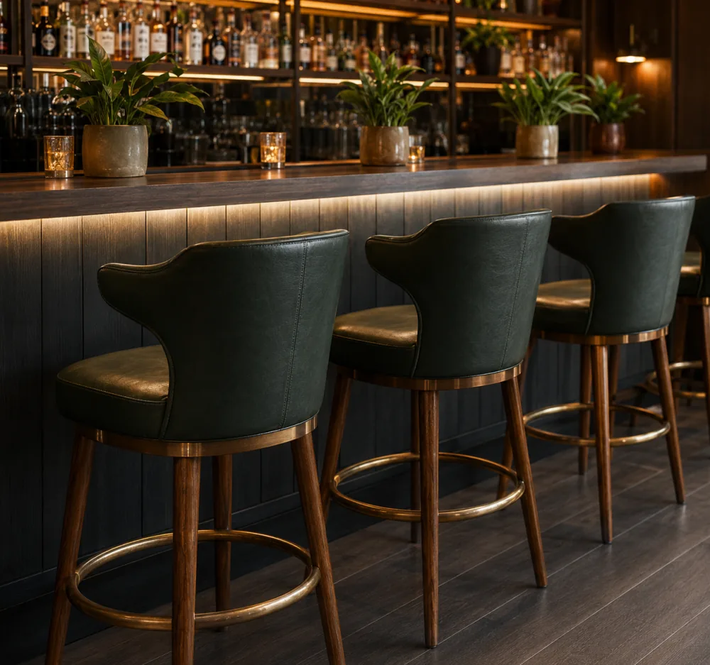 Green leather bar stools with brass footrails along a restaurant bar, repaired on the swivel plate and frame